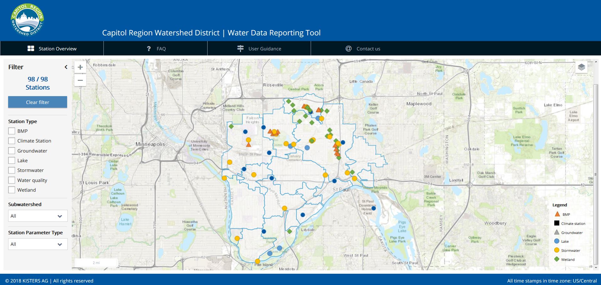 Preview of the Water Data Reporting Tool interactive map page, a map of the region with shapes representing monitoring sites. 