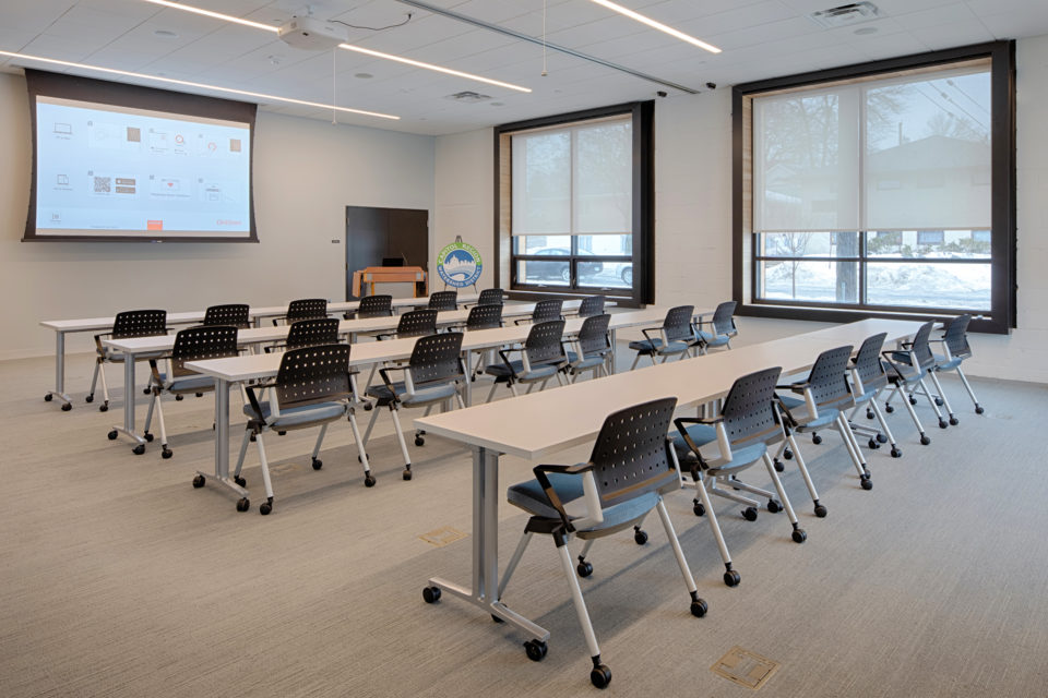 Conference room with tables and chairs