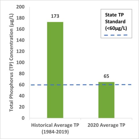 Bar graph shows the annual average total phosphorus (TP) concentrations in Como Lake were 65 µg/L in 2020, nearly meeting the Minnesota state TP standard of <60 µg/L for the first time on record. Historically, annual TP concentrations have averaged at 173 µg/L—nearly three-times the state standard.