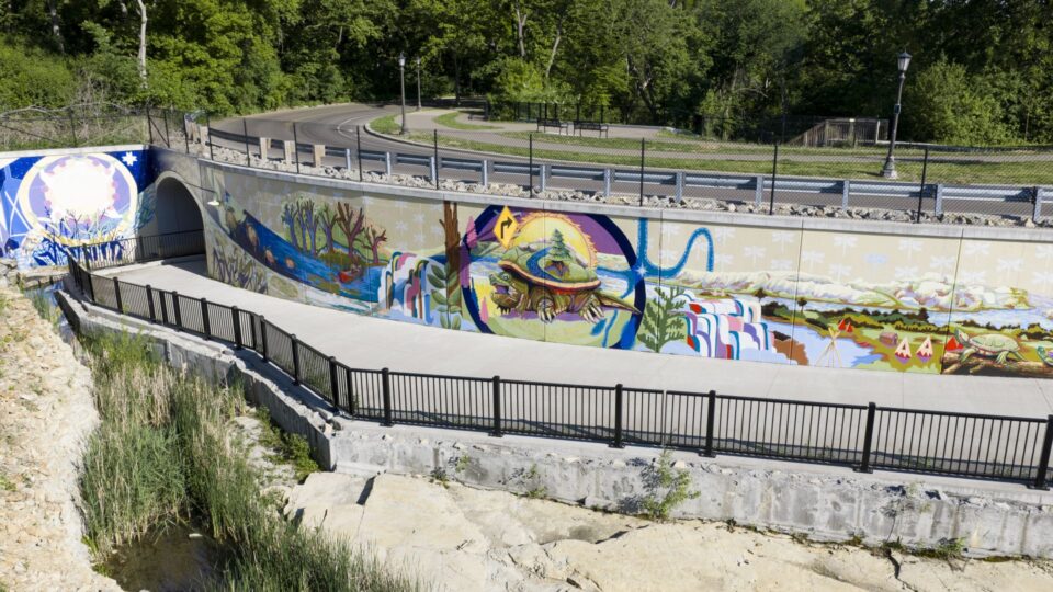 A colorful mural along a paved path leading to a tunnel under Mississippi River Boulevard. The mural  features a snapping turtle carrying a winding river and forest on its back over a background of a river scene that includes symbols of stars, teepees, dragonflies, butterflies, and trees. 