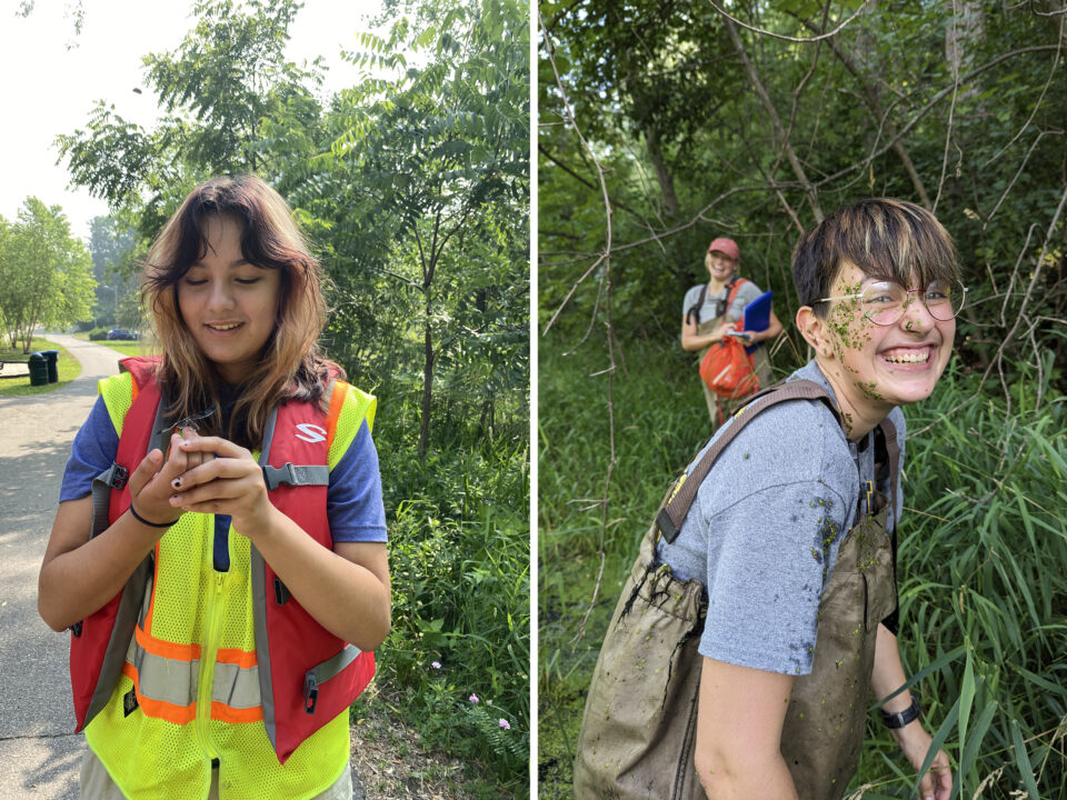 Two side by side vertical photos separated by a thin line. Left image: A person wearing a high-visibility safety vest under a red lifejacket looks down at a dragonfly perched on their finger. Right image: A person wearing a t-shirt and tan waders stands in a shallow wetland. He is laughing while covered in tiny green duckweed. A person behind him is laughing with him.