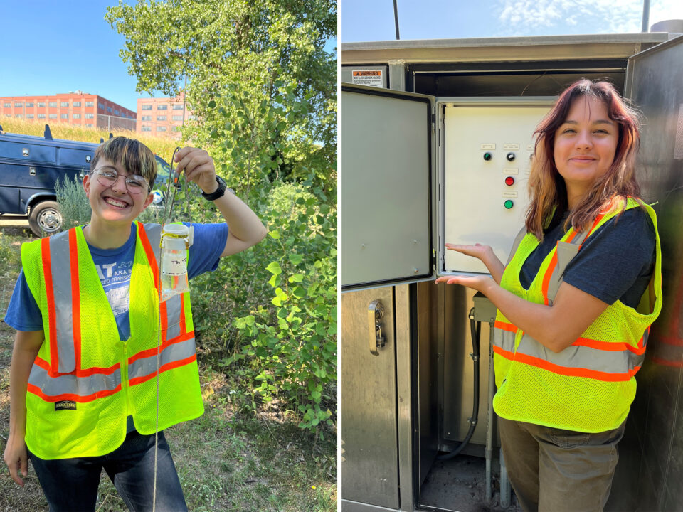 Two side by side vertical photos separated by a thin line. Left image: A smiling intern wearing a high-visibility safety vest is holding up a transparent plastic bag of a water sample at the end of a long string.  Right image: A smiling intern wearing a high-visibility safety vest shows off a utility panel. 