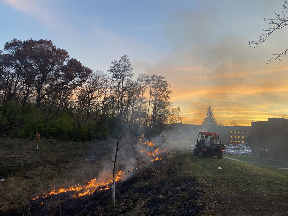 A line of flames on a grassy slope during sunset. A person in a cart with a water jug and gear in the back is nearby while fire professionals in safety gear monitor the fire from both sides of the flames. 