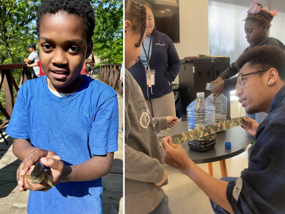 Two photos side by side. The left photo is a child looking at the camera and smiling while holding a small fish on a sunny day on a bridge, surrounded by green trees. The right photo is a teacher helping a student tape a gallon water jug with soil in the lower half. Another student prepares a second bottle as a staff person looks on.