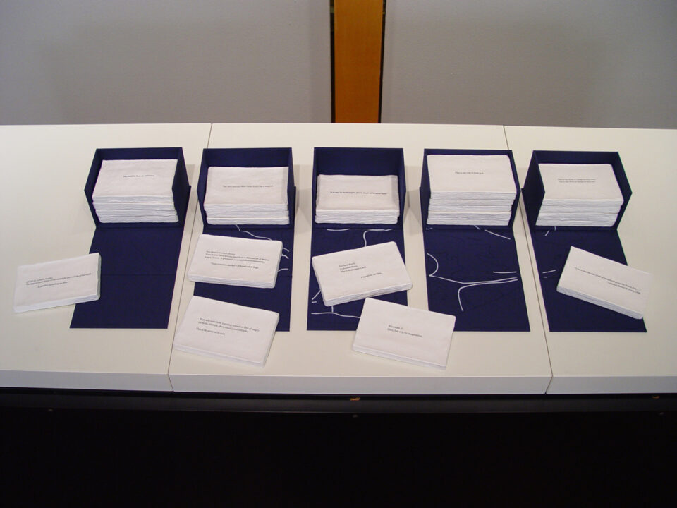 A row of five dark blue boxes with stacks of white paper cards. The cards have minimal black text on each, and some cards lie in front of the boxes. The boxes and cards are on a long office table. 