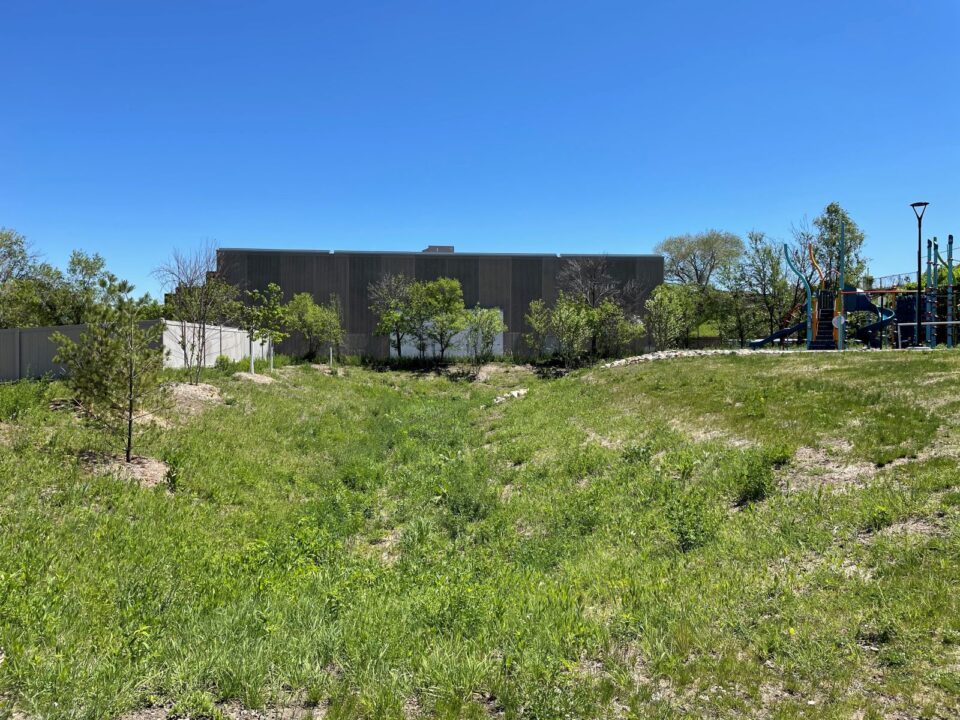 A rain garden basin with a steep slope. The edge of colorful playground equipment is visible on the right. 