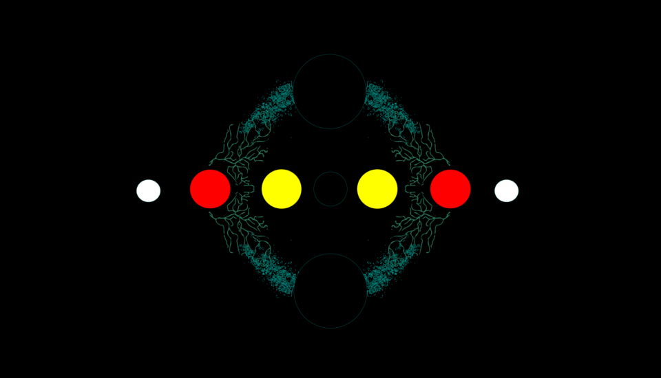 Abstract symmetrical design featuring two yellow circles, two red circles, and two white circles in a horizontal line with three black circles in a vertical line in the center on a black background, with intricate teal branching patterns behind the red, yellow and black circles.
