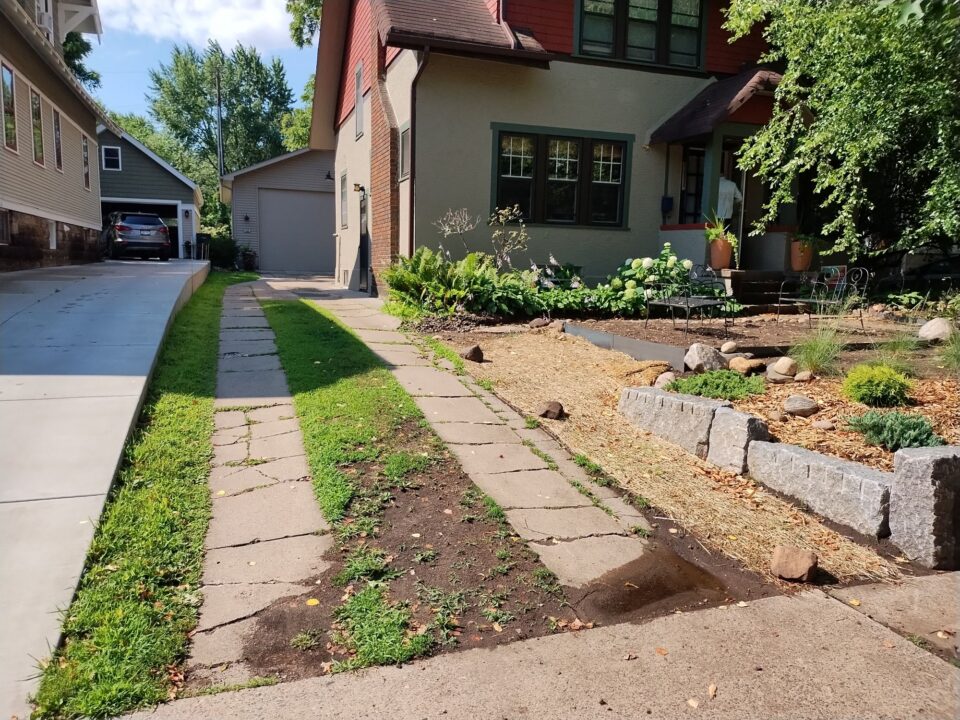 An old driveway with two cracked, concrete tire strips along the side of a house. Grass is growing between the strips and in the cracks. The front yard of the house has tidy landscaping. 